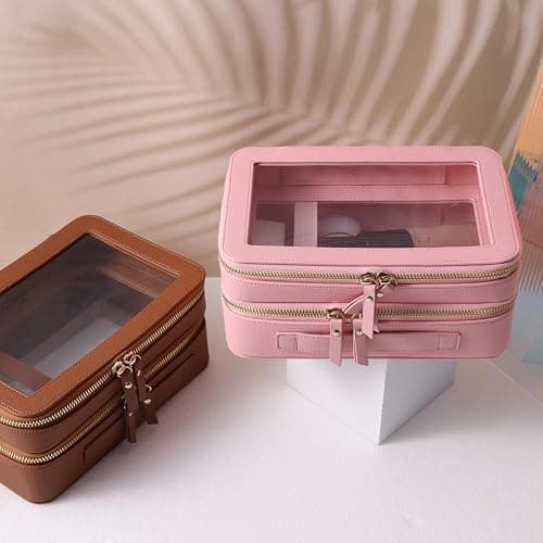 SANHECUN Clear Travel Toiletry bag Toiletry Case Carry on Travel Accessories Bag Makeup Bag Dimensions | LxWxH:9” x 6” x 4.2” (Brown, SHC-TL-2) thumbnail 6