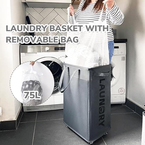 CHICVITA Rolling Laundry Basket with Wheels,75L Large Collapsible Laundry Hamper with Removable Wash Bag Space for Corner Dorms, Grey thumbnail 5