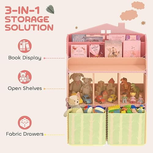 AIYAPLAY Kids Bookshelf with Storage, Toy Storage Unit, Book Display, Pink | Shelves, Fabric Drawers, Multipurpose Children's Bookcase, for Playroom and Nursery thumbnail 4