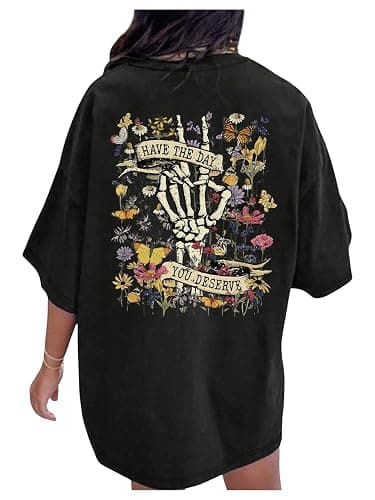 Verdusa Women's Plus Size Y2k Gothic Tops Floral Graphic Tee Round Neck Short Sleeve Oversized T Shirt - Image 1