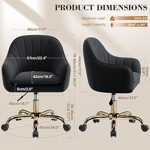 BestEra Vanity Chair with Wheels, Comfy Home Office Desk Chairs Adjustable Modern Velvet Makeup Vanity Chairs for Bedroom Living Room-Black thumbnail 3