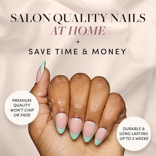 Glamnetic Press On Nails - Pistachio Crème | Short Almond Fake Nails with Mint Blue French Tips and Glossy Finish, Salon Quality | 15 Sizes - 30 Nail Kit with Glue thumbnail 2