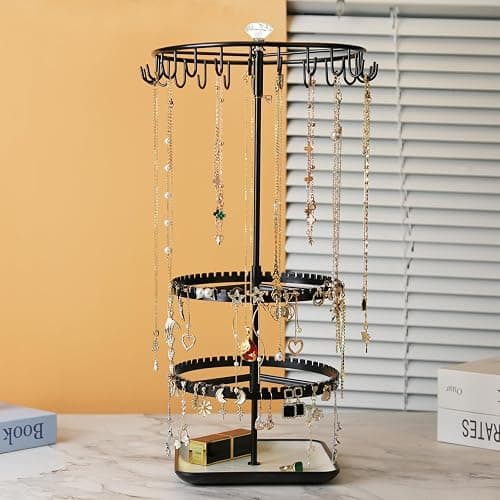 Diridbaz Multi layer rotating jewelry storage rack, capable of storing rings, earrings, necklaces, bracelets, adjustable jewelry display tree, black thumbnail 2