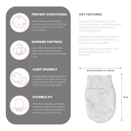 Soft Touch 100% Cotton Baby Anti Scratch Mittens - 4 Pack (Grey) - Grey - 4 Packs thumbnail 5