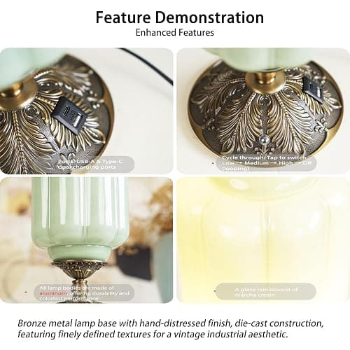 Milk Glass Touch Table Lamp, Elegant Green Jadeite Glass Bedside Desk Lamp 3 Way Dimmable with USB C+A Charging Ports - Bedroom Nightstand & Living Room Essential, 4W Bulb Included (Green, 6.5) thumbnail 3