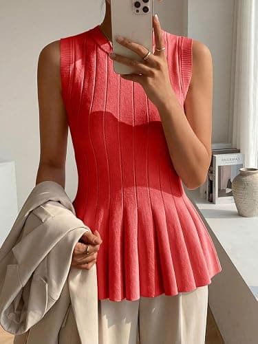 Cicy Bell Womens Pleated Peplum Tank Tops Fitted Ribbed Knit Crew Neck Blouses Summer Sweater Vest thumbnail 3