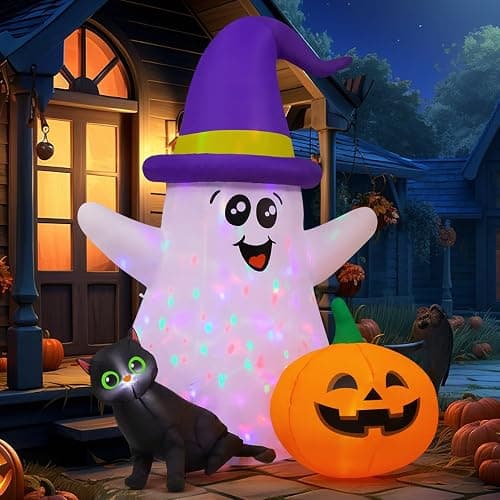 GOOSH 5 FT Halloween Inflatables Ghost Outdoor Decorations Blow Up Yard Cute Wizard Ghost with Black Cat Pumpkin with Built-in LEDs for Garden Lawn Indoor Party Decor thumbnail 2