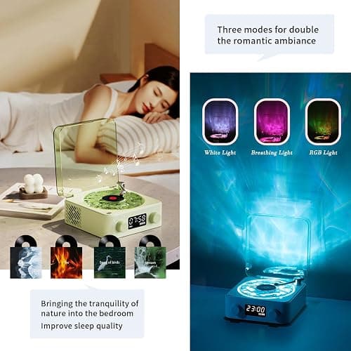 Waves Bluetooth Speaker, Portable CD/Vinyl Player, Vintage Style with Ambient Lights - White thumbnail 4