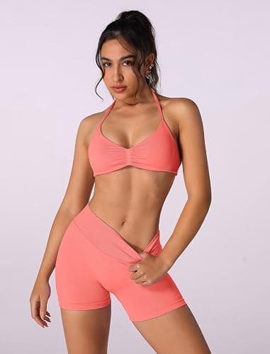 ABOCIW Womens Seamless Workout Sets 2 Piece Strappy Halter Sports Bra Scrunch Butt Shorts Gym Yoga Outfits thumbnail 3