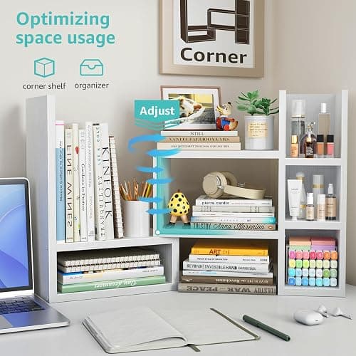 NUTIKAS Desk Shelves Desktop Orgnizer Shlef - White Office Organization for Top of Desk Organizers and Accessories Corner Bookshelf Table Top Shelving Small Hutch Decorations for Women Office thumbnail 5