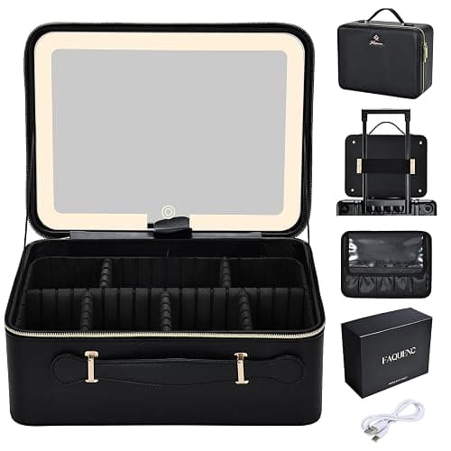 Faquenc 11.4 Inch Extra Large Makeup Bag with LED Lighted Mirror Leather Cosmetic Train Case Light up Mirror Portable Makeup Artist Storage Bag with Dividers Makeup Brush Holder Vanity Black - Image 1
