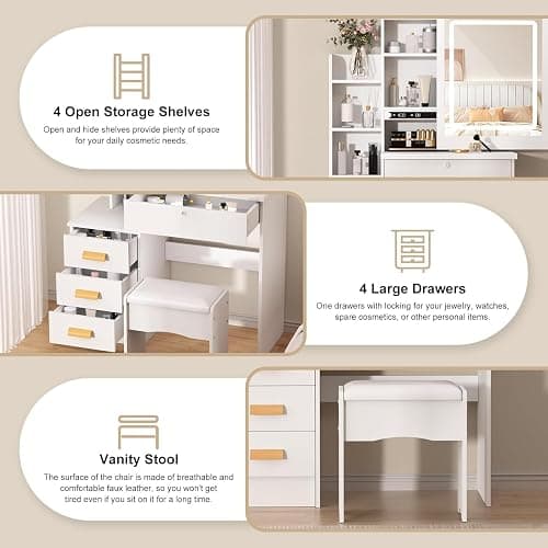 Make Up Vanity Desk with Mirror and Lights,White Vantity Set with 4 Drawers and Hidden Shelves,Girls Dressing Table with Lights and Stool,Small Vanity with Sliding Mirror for Bedroom Dressing Room thumbnail 4