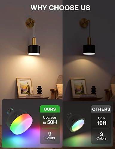 NIORSUN Battery Operated Wall Sconce Set of 2, Gold & Black Wireless Rechargeable Wall Lights with 5200mAh Dimmable Detachable Bulbs and Remote, 9 Colors Sconces Wall Decor for Bedroom Living Room thumbnail 6