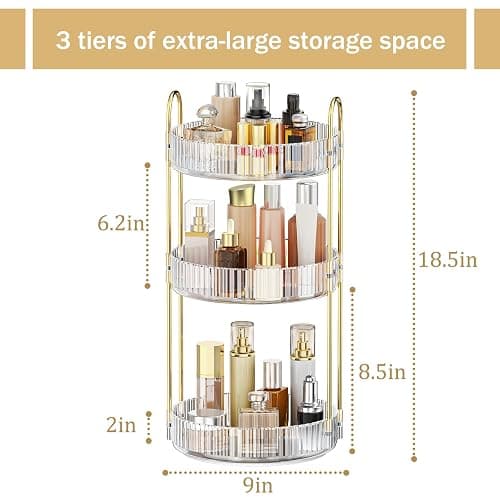 MOKANI 360 Rotating Makeup Organiser, 3 Tiers Spinning Skincare Organiser, Multi-Function Make Up Storage, Large Capacity Cosmetic Perfume Stand for Vanity, Bathroom and Bedroom thumbnail 3