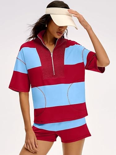 ANRABESS Striped Short Sets for Women 2 Piece Outfits Summer Casual Oversized Workout Athletisure Travel Lounge Matching Sets thumbnail 4