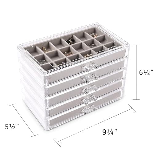 Frebeauty Acryl-Schmuck-Organizer, Ohrring-Organizer, Box mit 5 Schubladen, stapelbarer Ohrringhalter für Ringe, Ohrstecker und Armbänder (grau) thumbnail 3