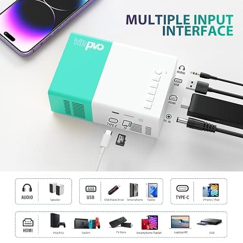 wepvo Projector Mini Portable Outdoor Movie Projectors, LED Pico Video Projector for Home Theater Film Projectors, Compatible with Smartphone/ Tablet/ Laptop/ TV Stick/ PS/ USB thumbnail 3