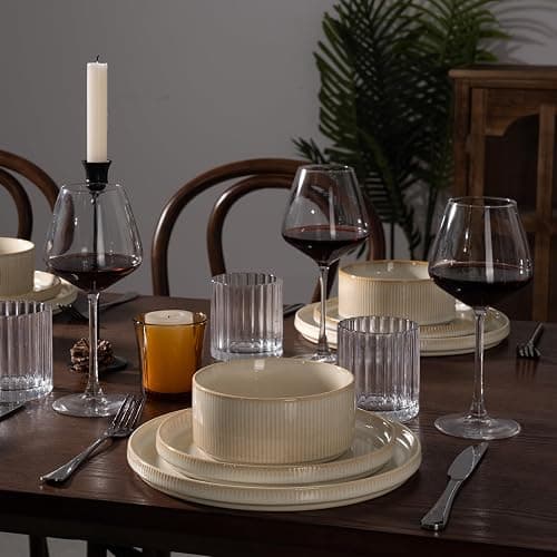 Richmount Star Dinnerware Sets, Plates and Bowls Set for 4, 12 Piece Dish Set, Ribbed, Cappuccino White thumbnail 7