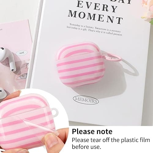 Fycyko Compatible for AirPods 4 Case Soft TPU with Cleaner Kit Cute Horizontal Stripes Aesthetic Printed Design Shockproof Keychain Cover for Girls Woman-Pink thumbnail 2