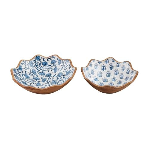 Mud Pie Small 4" x 12" Large 4 1/2" x 14" Dia Block Print Enamel Bowl Set, Blue - Image 1