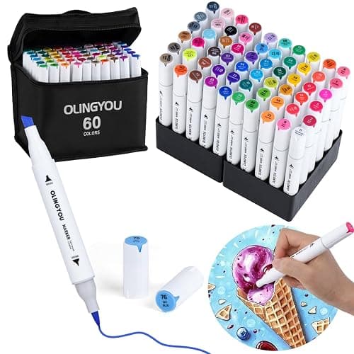 OLINGYOU 60 Colors Alcohol Markers with Base Dual Tip Drawing Markers for Comics Coloring Sketching Illustration,Stocking Stuffers, Christmas Gift Idea for Teens - Image 1