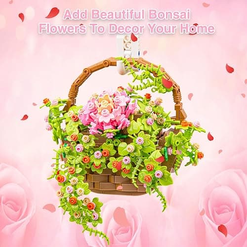 SATHIBI Flower Bouquet Building Set, Flowers Basket Bonsai Plants with Light, Botanical Collection Wall Decor, Creative Building Toy Gift for Adults (691 PCS) thumbnail 6