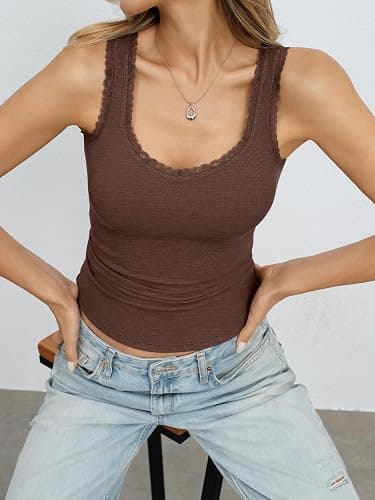 EasyGala Womens Lace Trim Ribbed Tank Tops V Neck Fitted Sleeveless Tops | Cotton, Knit, Stretchy, Soft, Camisole, Low Cut, 2026, Summer, Cute, Trendy, Casual, Y2K, Going Out, Daily Outfits, Vacation thumbnail 5