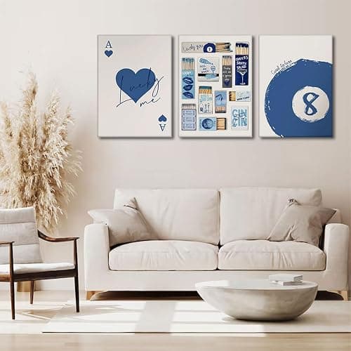 3 Pcs Framed Blue Vintage Matchbox wall art lucky Trendy Red Hearts Playing Wall decor picturesCard Pool Ball Paintings Aesthetic canvas posters prints for girl dormitory apartment Home Decoration - Canvas - 12x16in thumbnail 7