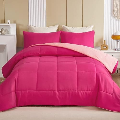 Exclusivo Mezcla Lightweight Summer Reversible Twin Size Comforter Set, Down Alternative Comforter with 1 Pillow Sham, Twin Size Bedding Set for All Seasons, Hot Pink/Bright Pink thumbnail 3