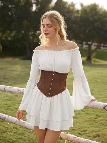 Scarlet Darkness Women Corset Dress Off Shoulder Bell Sleeve Mini Dress | Pockets, Layered Hem, Comfotable Chiffon, for Fairy Goth Ren Fair Vacation thumbnail 3