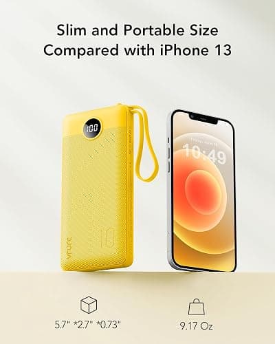 VRURC Portable Charger with Built-in Cables, 10000mAh LED Display USB C Power Bank, Slim Travel Battery Pack with 5 Output 2 Input Compatible with iPhone,Samsung,Android etc-Yellow(1 Pack) thumbnail 5