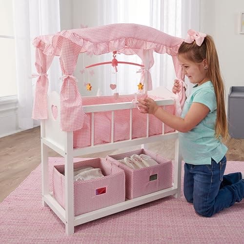 Badger Basket Doll Crib with Bedding, Storage Baskets, Mobile & Personalization Kit - Ideal Nursery Set for Dolls Up to 22 Inches, Best for Doll Accessories & Playtime - White/Pink thumbnail 2