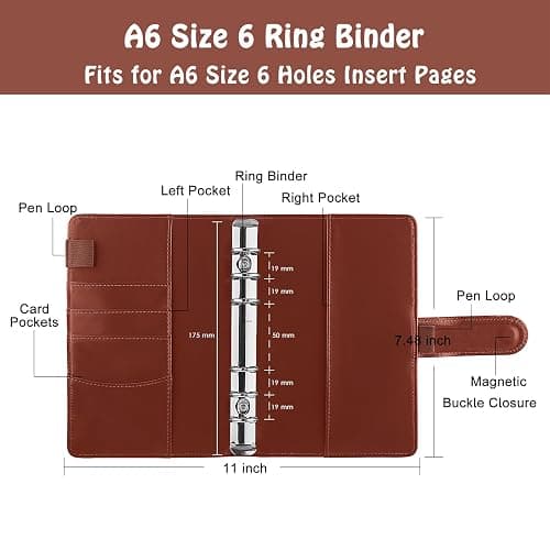 Antner A6 Binder 6 Ring Refillable Notebook Budget Planner for A6 Filler Paper, PU Leather Loose Leaf Personal Planner Wallet Money Organizer Cash Stuffing Binder with Magnetic Buckle Closure, Brown thumbnail 3