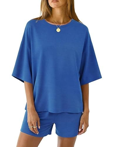 LOMON Two Piece Sets for Women Summer 3/4 Sleeve Tops and Elastic Waist Shorts Pajamas Cute Comfy Soft Lounge Striped Pjs - Image 1