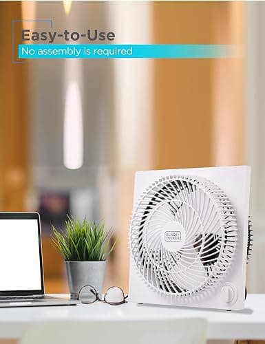 BLACK+DECKER 9-Inch Frameless Box Fan, Freestanding Desk Fan with 3-Speed Settings, Portable Fan for Home Office or Garage, BFB09W, White thumbnail 2