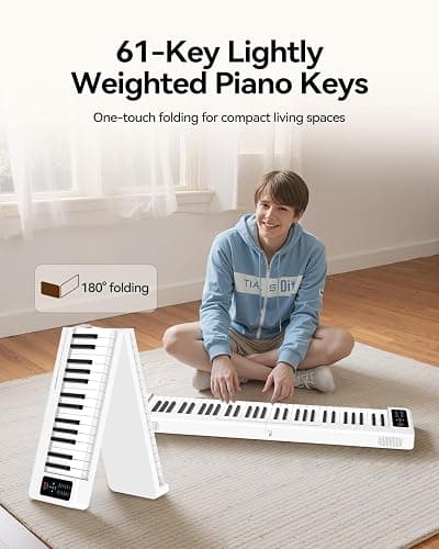 Rhymo Folding Piano Keyboard, 61 Keys Sensitive Electric Piano | Semi-Weighted Portable Electric Keyboard with Bluetooth MIDI, Digital Foldable Keyboard for Beginners(White) thumbnail 2