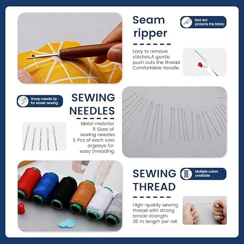 TLKKUE Sewing Kit for Adults, Steel Needles for Hand Sewing | 40 Pcs Sewing Kit with Sewing Needles Storage Bag Threads Thimbles Seam Rippers for Repair Clothing(6Color Upholstery Thread) thumbnail 4
