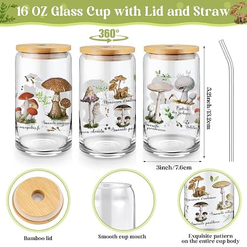 FoldTier 3 Pcs Plant Lover Gifts for Women, Thanksgiving Aesthetic Gifts for Mom, Grandma, Floral Canvas Tote Bag, 16 oz Coffee Cup with Straw Lid, Makeup Bag for Baby Shower, Wedding(White,Mushroom) thumbnail 4