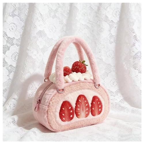 HappyERA Plush Strawberry Swiss Roll Shaped Clutch Handbag Cute Women Small Purse Cell Phone Tote Bag thumbnail 2