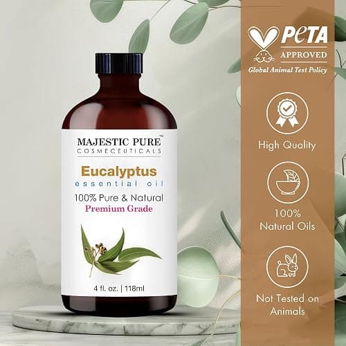 Majestic Pure Essential Oil with Glass Dropper - 100% Pure and Natural - Essential Oils for Diffuser, Aromatherapy, Soap and Candle Making, Eucalyptus Essential Oil, Eucalyptus Oil, 4 Fl Oz | Eucalyptus Oil, Essential Oils, for Hair Care, Home Diffusers, Skin, Aromatherapy, Massage, Humidifiers, 4 Fl Oz thumbnail 7