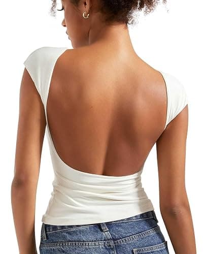 SUUKSESS Women Backless Sexy Going Out Tops Double Lined Open Back Y2k Basic Tee Shirts - Image 1