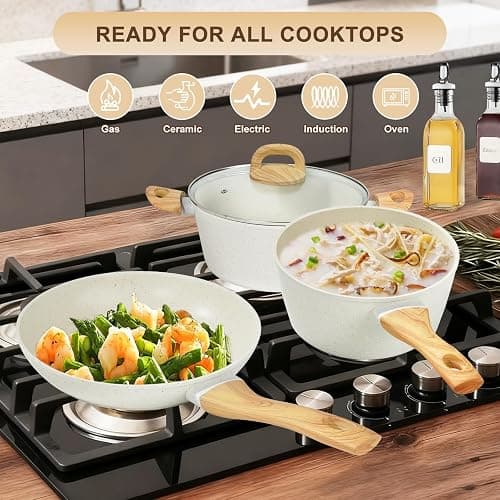 EWFEN 25 Pcs Pots and Pans Set, Nonstick Ceramic Cookware Sets, Healthy Non-Toxic, Large Capacity, Induction Compatible, Cooking Set with Frying Pans & Saucepans, PFAS/PTFE/PFOA Free, Cream White thumbnail 5