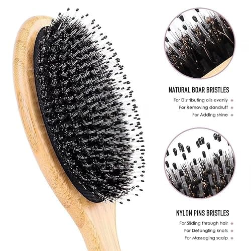 Hair Brush Comb Set Boar Bristle Hairbrush for Curly Thick Long Fine Dry Wet Hair,Best Travel Bamboo Paddle Detangler Detangling Hair Brushes for Women Men Kids Adding Shine Smoothing Hair thumbnail 2