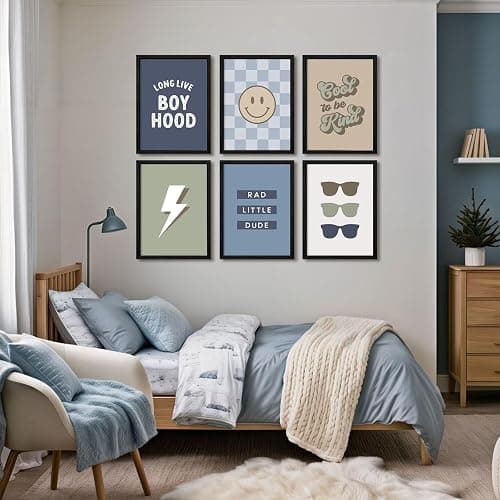Boy Nursery Wall Art Decor Toddler Baby Boy Room Canvas Pictures Blue Cool Nursery Poster Teen Playroom Prints Long Live Boyhood Artwork for Kids Bedroom 8x10 Inch Black Wood Framed Set of 6 thumbnail 3
