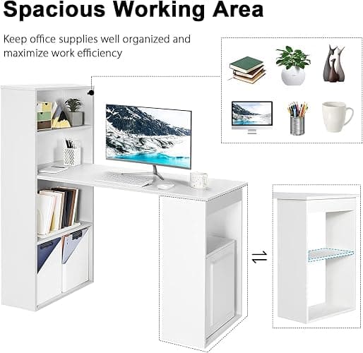 COSTWAY 122cm Computer Desk, Wooden PC Laptop Table Writing Workstation with 6-Tier Storage Bookshelves, Modern Home Office Working Study Desk (White) thumbnail 5