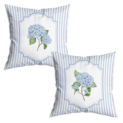 ZNGFON Vintage Blue and White Striped Hydrangea Floral Pillow Covers 18x18 Set of 2, Floral Room Decor, Rustic Blue and White Striped Botanical Flower Pillow Covers Decor - Image 1