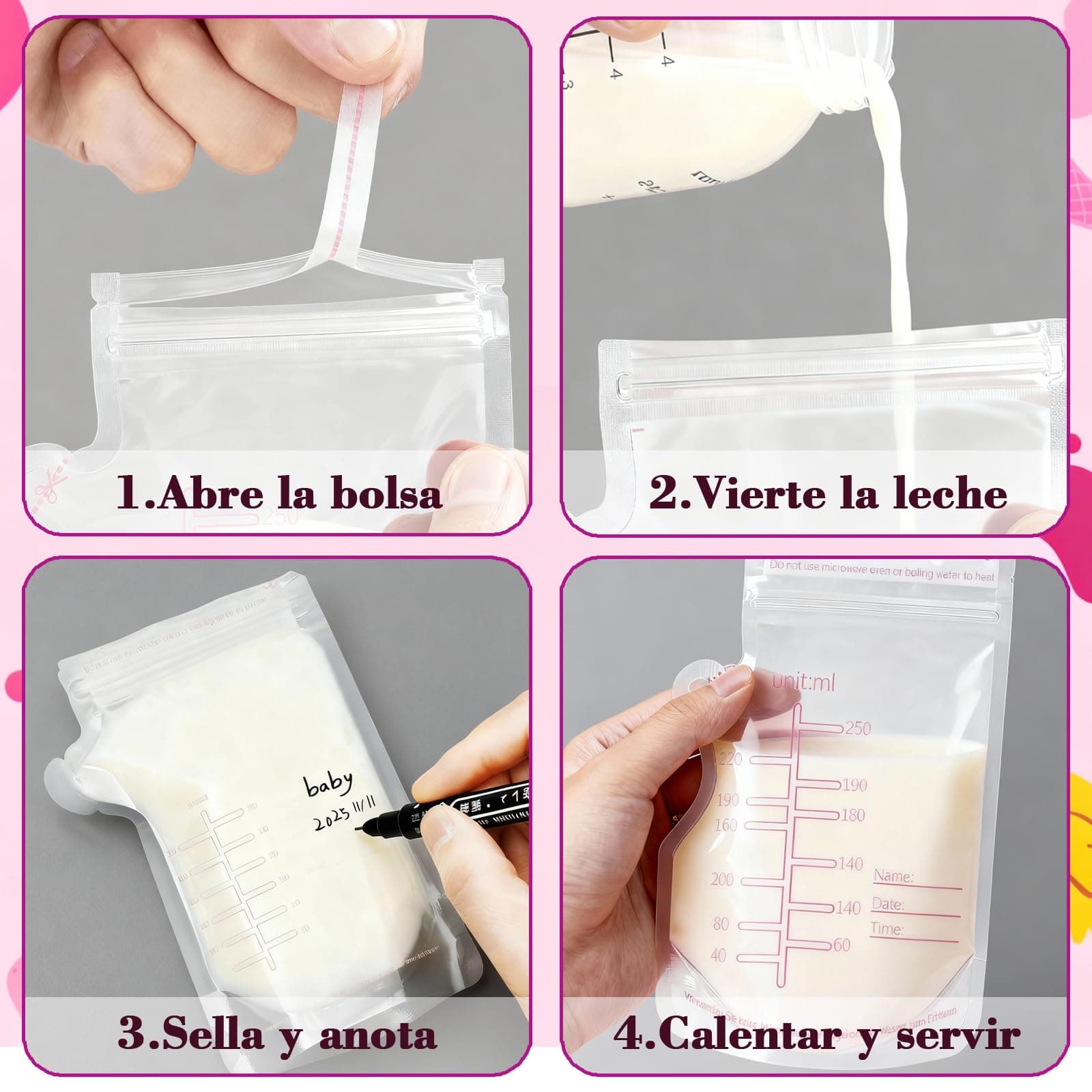 240 Pzas Bolsas para Leche Materna 250ml,Recolector de Leche Materna Doble Sello Antifugas con Bolígrafo,Autoplanchables y Preesterilizadas,Para Congelador,Refrigeración y Recolector de Leche (240PCS) thumbnail 4