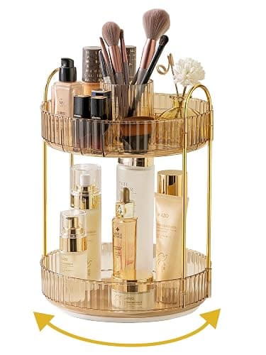 Asayuee 360 Rotating Makeup Organizer,2 Tier Large Capacity Make Up Organizers and Storage,Skincare Perfume Vanity Organizers,Bathroom Cosmetics Storage Organizer Countertop(Gold) - Image 1