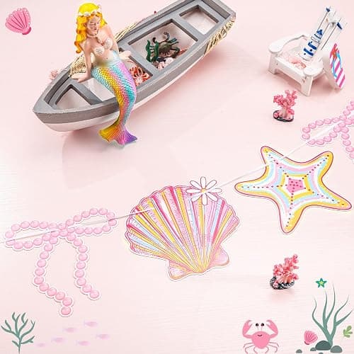 Oudain 2 Pack Pink Bow Seashell Garland for Girl 6.56 ft Pink Mermaid Seashell Party Coquette Ocean Coastal Beach Under The Sea Paper Bow Hanging Banner for Baby Shower Wedding Summer Birthday thumbnail 2