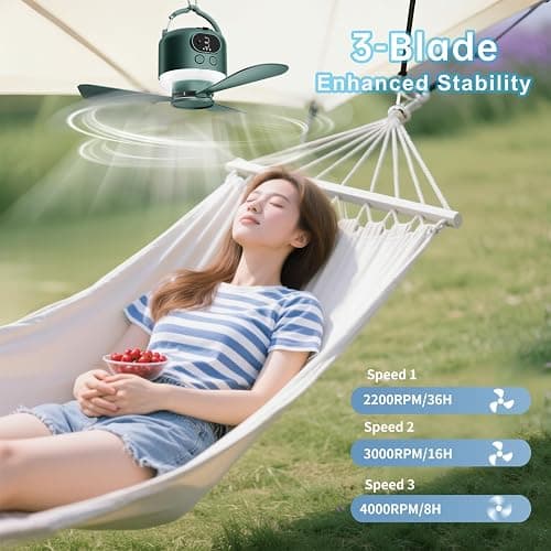 geonfi 11" Tent Fan with Light & Remote, Camping Ceiling Fan with 10040mAh Rechargeable Battery, Portable Hanging Fan for Tent, RV, Canopy, Outdoor Camping (Green, Centimeters, 28.9) thumbnail 6